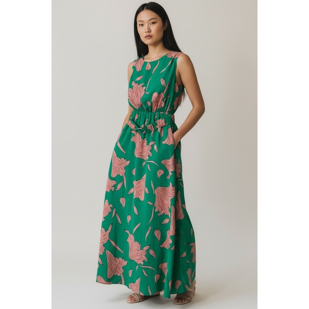 Bloom‎ Beachwear Green Pink Floral Maxi Dress Tie Waist Sleeveless Women's SZ M